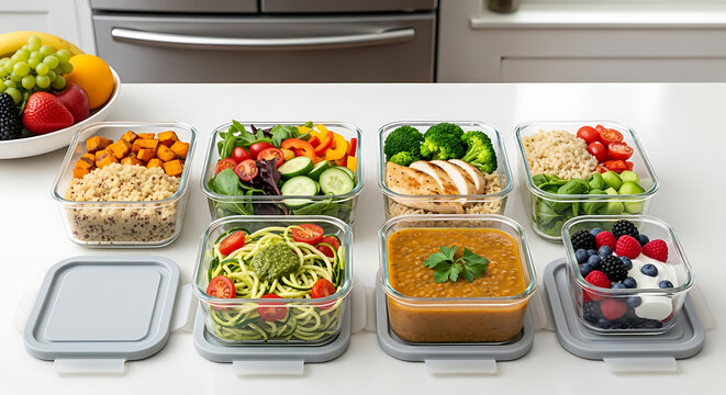 Organized weekly meal prep with a variety of colorful and nutritious dishes in portion-controlled glass containers on a kitchen counter