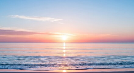 Serene ocean sunrise with soft pastel colors reflecting on calm water and gentle waves washing onto the sandy shore at the beginning of a new day
