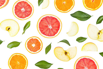 A arrangement of fresh citrus fruits and green leaves on a clean white background. grapefruits. oranges. and apples. ideal for healthy lifestyle promotions and culinary uses