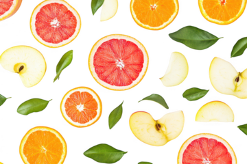 A arrangement of fresh citrus fruits and green leaves on a clean white background. grapefruits. oranges. and apples. ideal for healthy lifestyle promotions and culinary uses