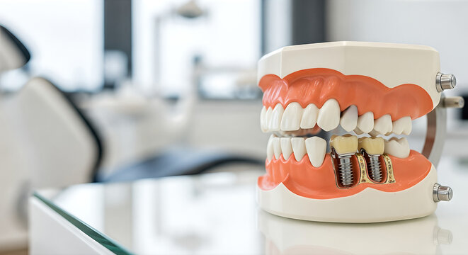 Dental implant model showcasing realistic teeth and fixtures, placed on a glass table in a modern dental clinic, emphasizing advanced dentistry techniques and patient care