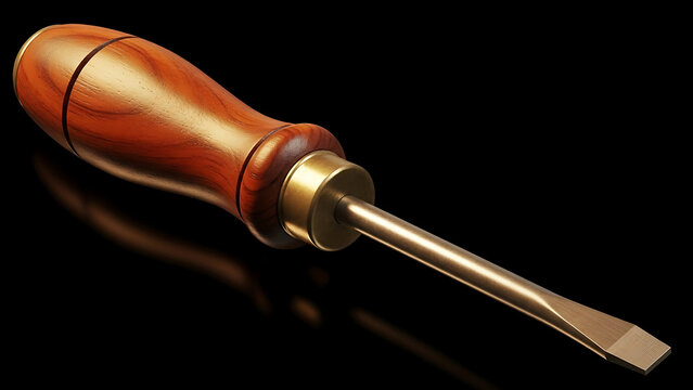 Elegant Flat Head Screwdriver with Wooden Handle on Reflective Black Background, Precision Tool for Craftsmanship and Repair