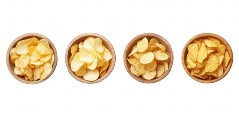 A visually appealing arrangement of four wooden bowls filled with various types of potato chips. their textures and colors against a clean white background. perfect for food-related content