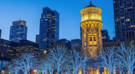 Chicagos historic pumping station illuminated at dusk with modern skyscrapers in the background and trees decorated with bright blue holiday lights in the foreground