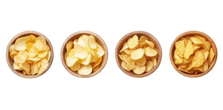 A visually appealing arrangement of four wooden bowls filled with various types of potato chips. their textures and colors against a clean white background. perfect for food-related content