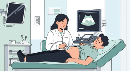 Female Doctor Performing an Abdominal Ultrasound Examination on a Male Patient in a Clinic.