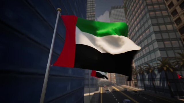 United Arab Emirates national flag waving along a modern urban street in daylight, surrounded by tall buildings, palm trees and traffic. 
