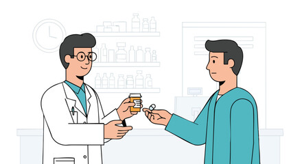 Pharmacist Dispensing Prescription Medication to a Customer at the Pharmacy Counter.
