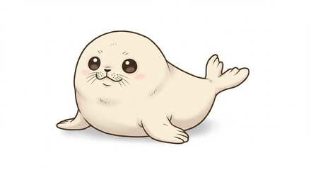 Naklejka premium Sweet kawaii baby seal drawing featuring soft cream fur and charming rosy cheeks in clean cartoon style. AI Generated