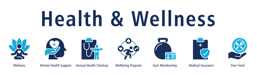 Health & Wellness Web Banner Duotone icon vector illustration concept with icon of wellness, mental health support, annual health checkup, wellbeing program, gym membership, and medical insurance