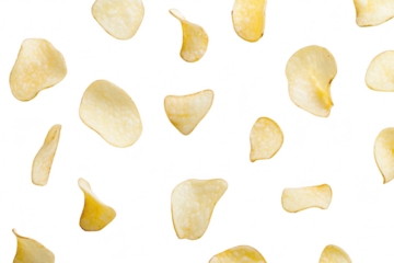 A visually appealing arrangement of crispy potato chips scattered on a clean white surface. their texture and color. ideal for snack food advertising or culinary presentations
