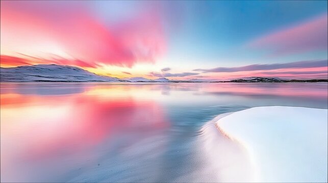 A serene winter landscape featuring snow-covered hills and a frozen lake reflecting a vibrant pink and blue sky at sunset. - Powered by Adobe