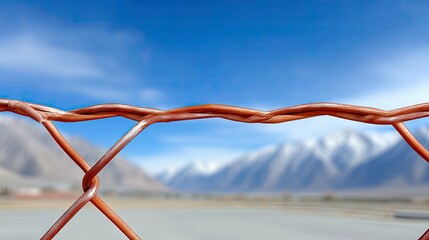 A close-up of a wire fence in the foreground with a blurred background of snow-capped mountains under a clear blue sky.