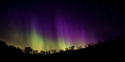 Aurora night sky above low mountain ridge, star field and soft green/purple curtains, foreground trees as thin line silhouettes, atmospheric glow, dramatic yet clean header