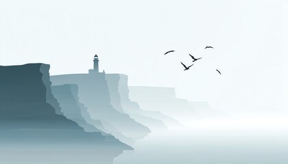 Coastal cliffs silhouette with flying seabirds and lighthouse on horizon, layered sea mist, minimalist nautical palette from slate to pale gray, clean open sky for typography