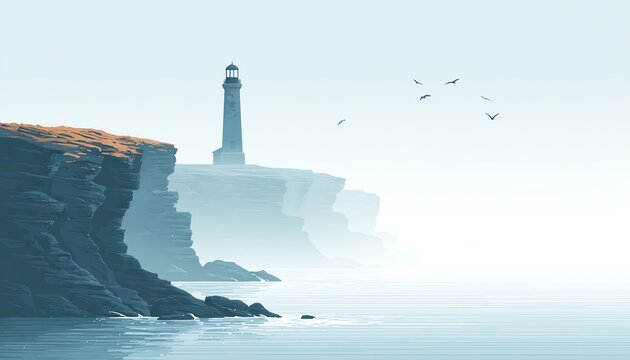 Coastal cliffs silhouette with flying seabirds and lighthouse on horizon, layered sea mist, minimalist nautical palette from slate to pale gray, clean open sky for typography
