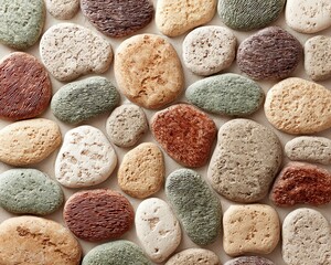 Pebble mosaic made of rounded stones, each filled with nested curved hatching, irregular grout gaps, calm spa-inspired palette in sage, taupe, sand, and terracotta
