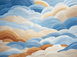 Cloud clusters rendered as rounded billows of fine parallel lines, layered depth without outlines, sky-to-earth palette (dusty blue, sandstone, wheat), airy yet dense texture