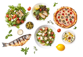 A and appetizing arrangement of fresh salads. grilled fish. and a delicious pizza. a variety of colors and textures on a clean white background. perfect for culinary presentations
