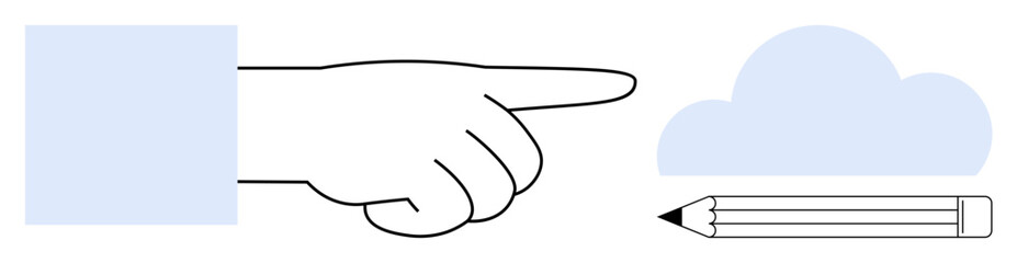 Outstretched hand pointing to cloud and pencil visualizing creativity, innovation, direction, collaboration, thought process, strategy, and brainstorming. Ideal for design, teamwork and simple flat