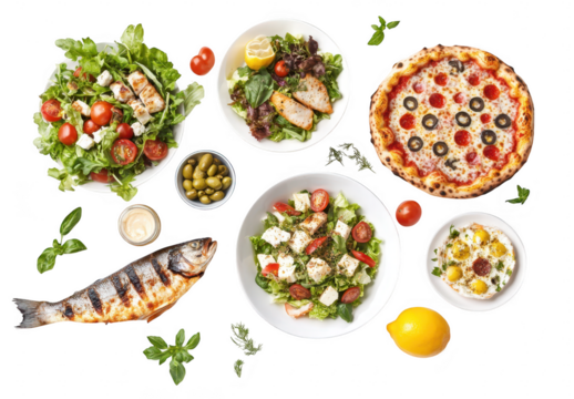 A and appetizing arrangement of fresh salads. grilled fish. and a delicious pizza. a variety of colors and textures on a clean white background. perfect for culinary presentations