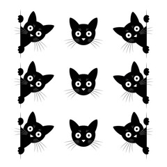 Collection of cute black cats peeking and looking, isolated on transparent background
