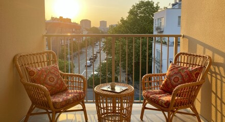 Cozy Balcony Chairs with City View at Sunset