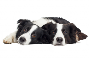 Two border collies lying side by side on a clean. white background. their striking features and calm demeanor. ideal for pet-related content or animal companionship themes