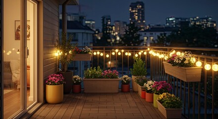 Obraz premium Cozy Balcony Oasis with City Lights at Night