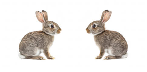 Two adorable rabbits sitting side by side on a clean white background. their soft fur and expressive features. perfect for animal-themed projects or educational materials