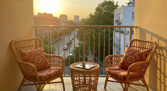 Cozy Balcony Chairs with City View at Sunset