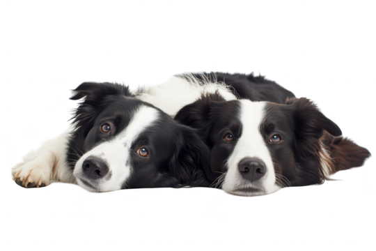 Two border collies lying side by side on a clean. white background. their striking features and calm demeanor. ideal for pet-related content or animal companionship themes