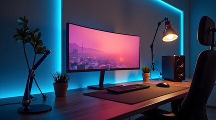 Theme Interior, Contemporary workspace setup with LED backlight and clean tech aesthetics