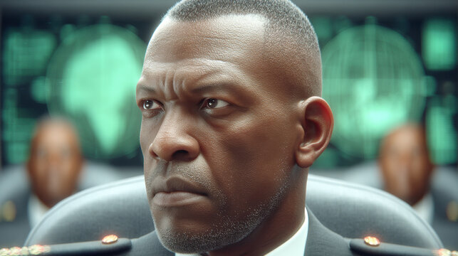 focused military leader displays control and power in high stakes environment emphasizing discipline and strategy