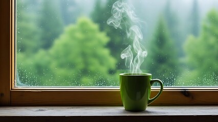 Steaming mug of coffee on a windowsill overlooking a misty forest