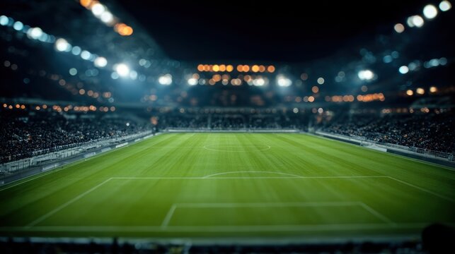 Night stadium view; green field surrounded by blurred crowds under bright lights