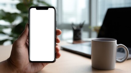 Hand holds phone with blank screen; desk has laptop, mug, plant, background
