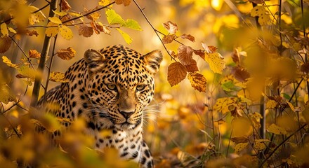 Majestic Leopard in Autumn Foliage: Golden Light, Wildlife Portrait, Nature's Beauty