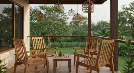 Obraz premium Cozy Wooden Patio Furniture with Lush Greenery View