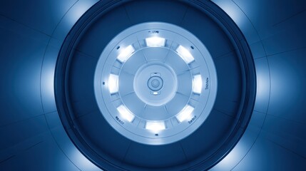 Cylindrical chamber interior view, with circular lights, cold blue tone