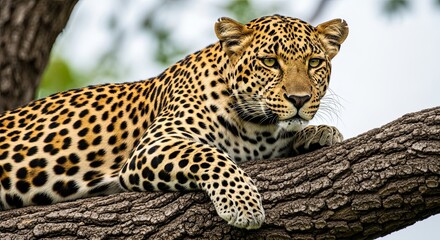 Majestic Leopard Resting on Tree Branch, Intense Gaze, Wildlife Portrait.