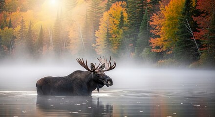 Majestic Moose Standing in Misty Lake During Autumn Sunrise.