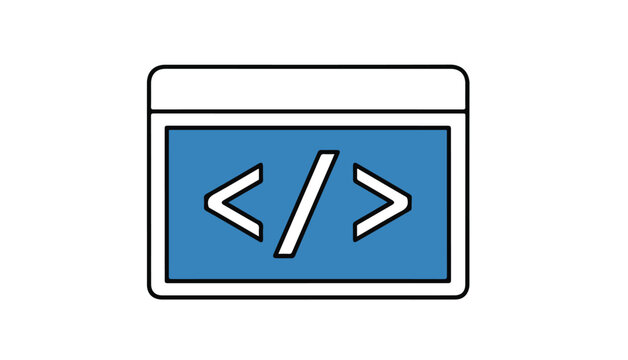 Simple icon of a blue screen displaying code symbols, representing programming.