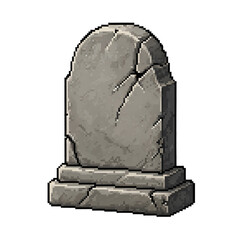 Fototapeta premium A pixel art gravestone, weathered grey stone with a rounded top and crack, perfect as a cemetery environment prop for game development, Halloween designs, or retro horror themes.