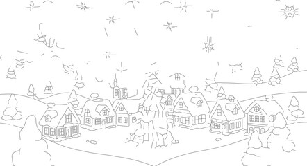 Obraz premium Charming Winter Village Scene with Snowfall and Cozy Houses.