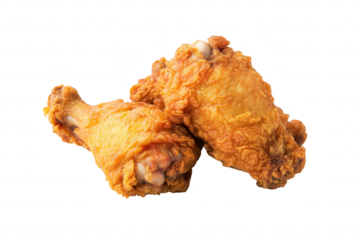 Crispy golden fried chicken drumsticks arranged artistically on a clean white background. their texture and color. ideal for culinary promotions or food-related content
