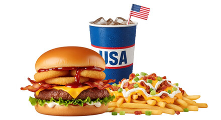 Delicious burger with onion rings bacon and cheese next to fries and a drink with usa flag