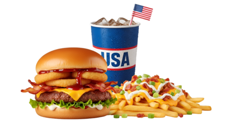 Delicious burger with onion rings bacon and cheese next to fries and a drink with usa flag