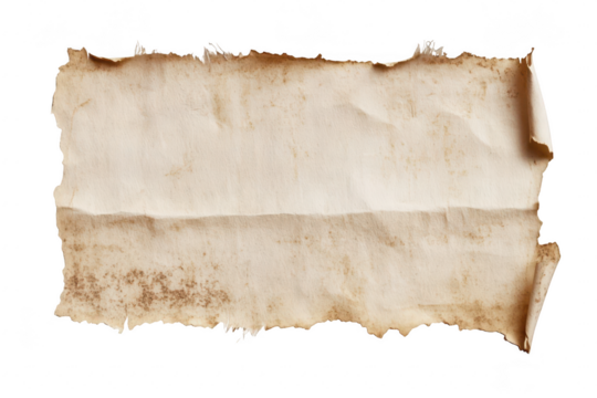 A weathered. torn piece of parchment paper with frayed edges and a faded appearance. suitable for use in artistic projects. backgrounds. or as a vintage texture element