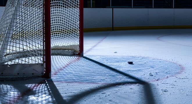 A hockey puck sits on the ice near the goal net during a tense moment in the hockey rink.